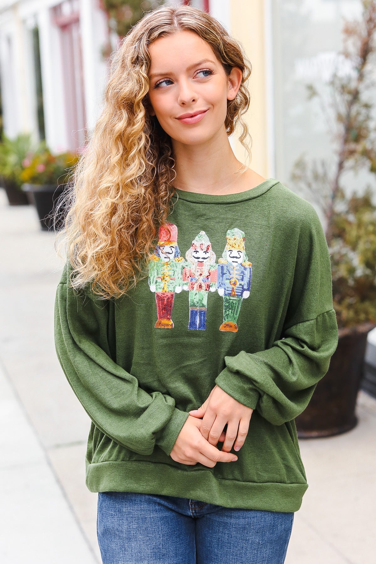 Haptics Be Merry Forest Green Nutcracker Sequin Hacci Top Final Sale