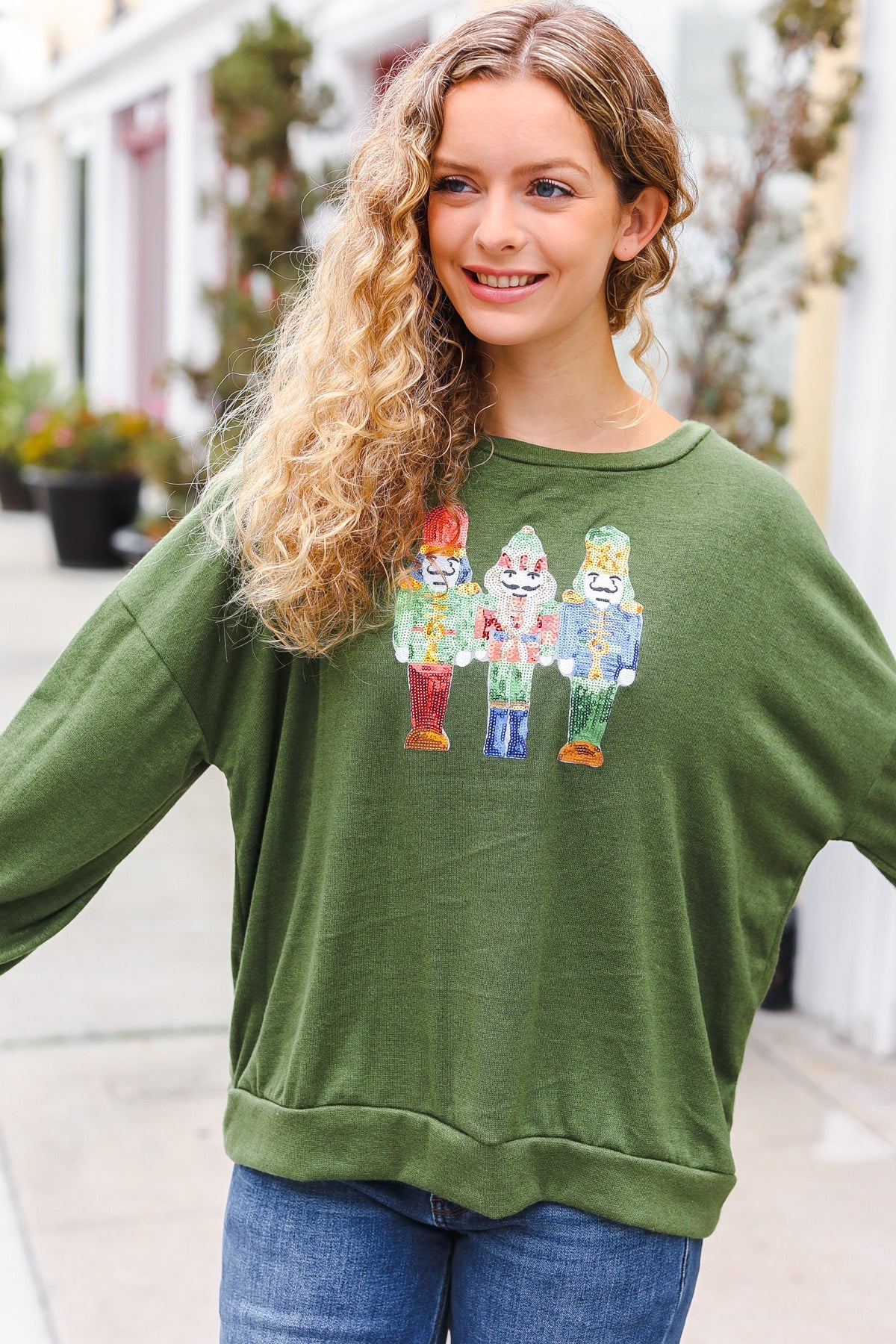Haptics Be Merry Forest Green Nutcracker Sequin Hacci Top Final Sale