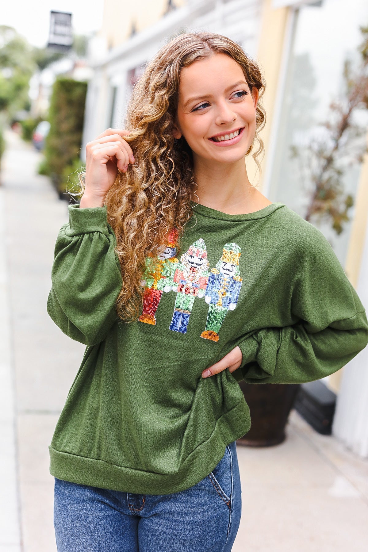 Haptics Be Merry Forest Green Nutcracker Sequin Hacci Top Final Sale