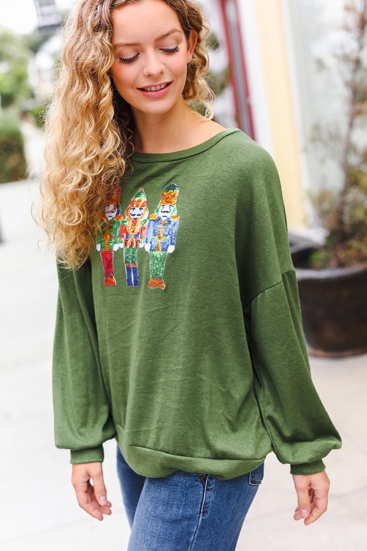 Haptics Be Merry Forest Green Nutcracker Sequin Hacci Top Final Sale