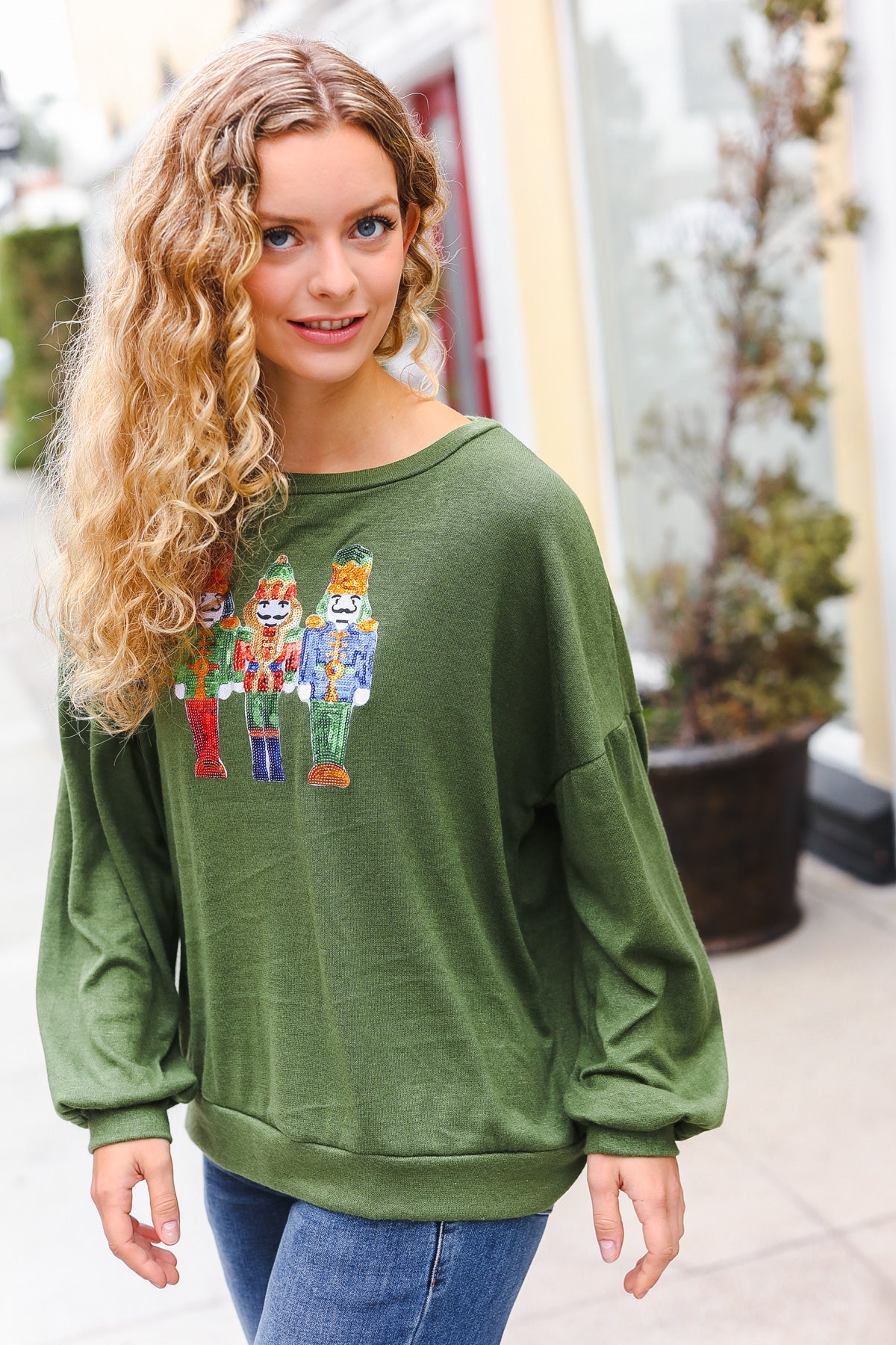 Haptics Be Merry Forest Green Nutcracker Sequin Hacci Top Final Sale