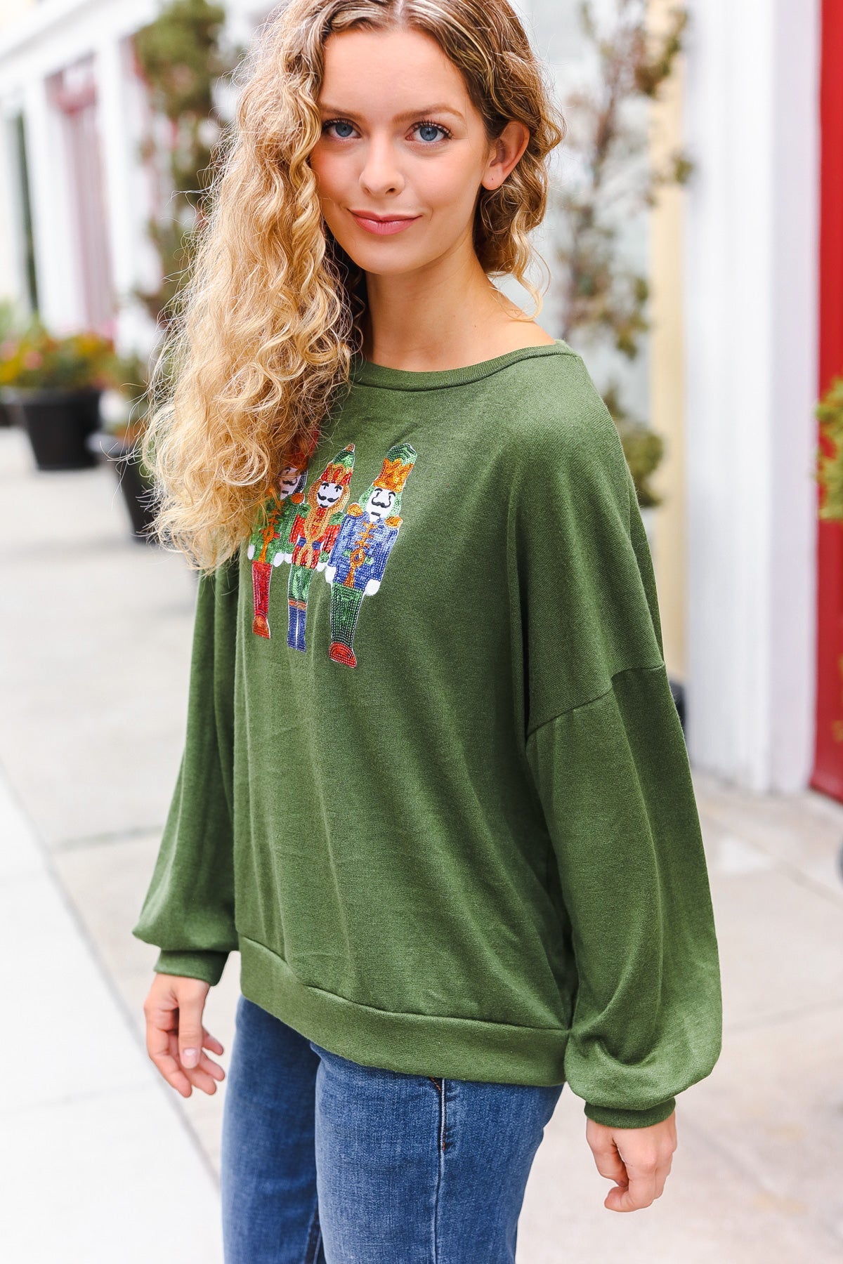 Haptics Be Merry Forest Green Nutcracker Sequin Hacci Top Final Sale