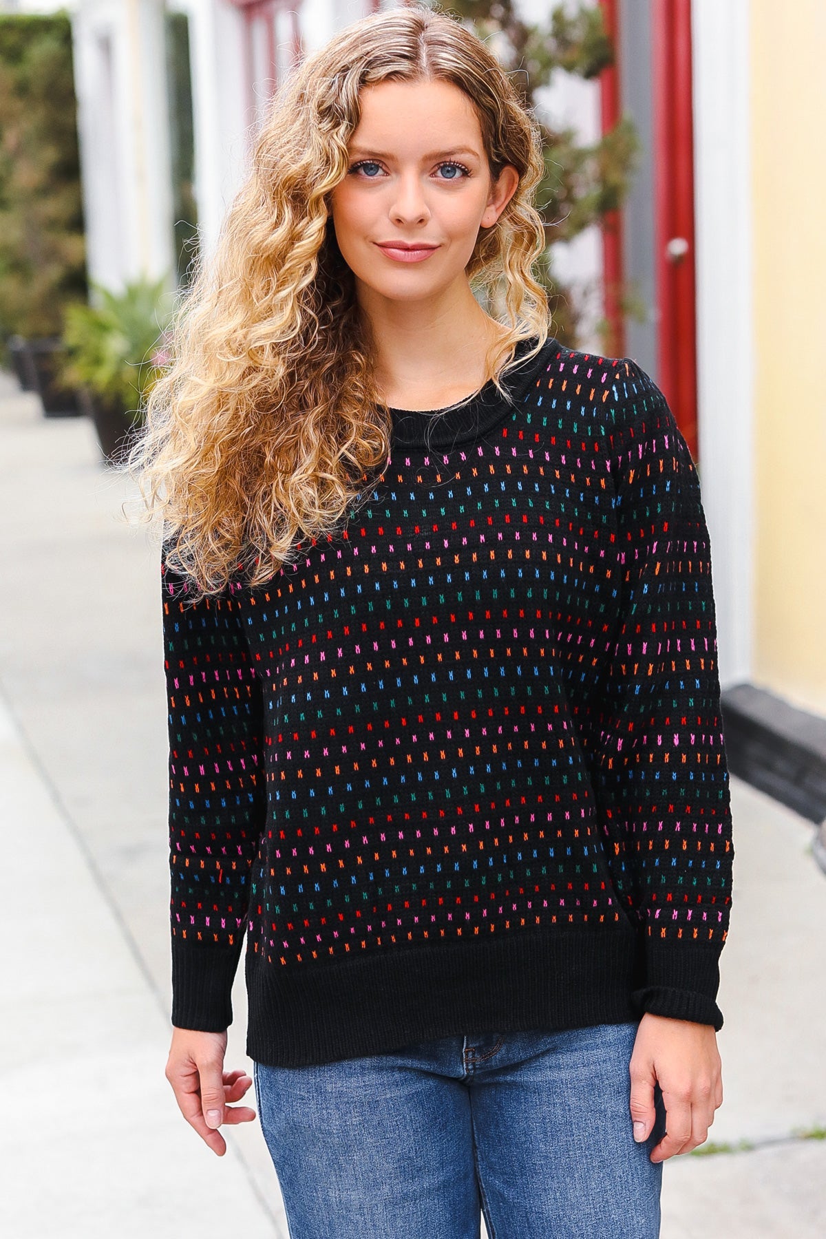 Haptics Spread Joy Black & Multicolor Jacquard Knit Sweater Haptics