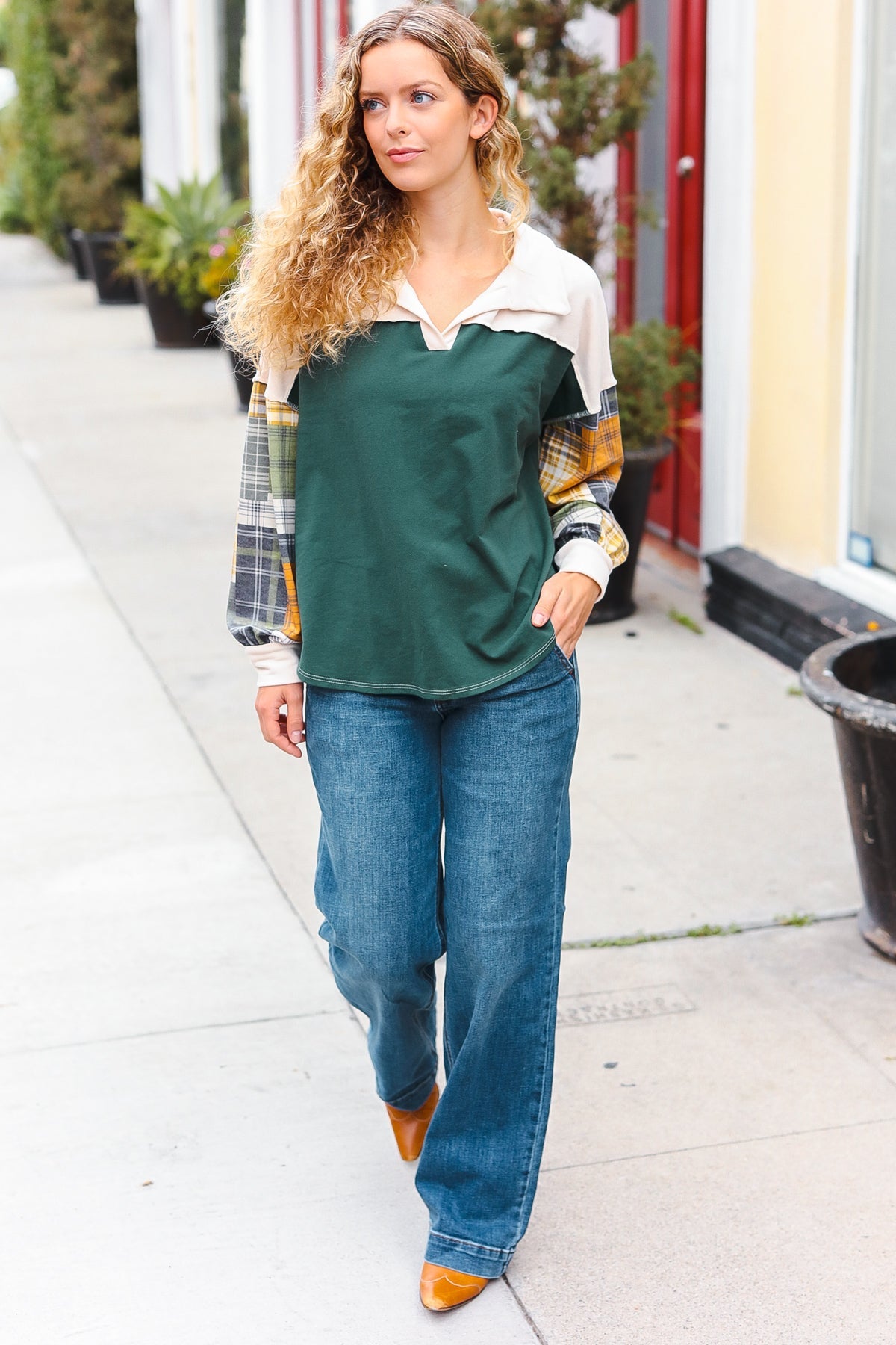 Haptics Hunter Green Plaid Color Block Collared Terry Top 2024 Blow-Out Sale