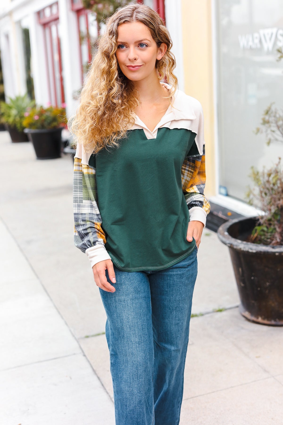 Haptics Hunter Green Plaid Color Block Collared Terry Top 2024 Blow-Out Sale