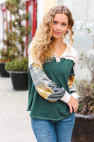 Haptics Hunter Green Plaid Color Block Collared Terry Top 2024 Blow-Out Sale
