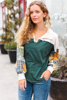 Haptics Hunter Green Plaid Color Block Collared Terry Top 2024 Blow-Out Sale