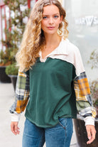 Haptics Fall For You Hunter Green Plaid Color Block Collared Terry Top Haptics