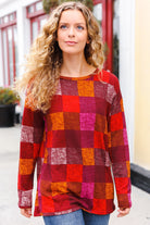 Haptics You Got This Burgundy Checker Plaid Print Hacci Knit Top Haptics