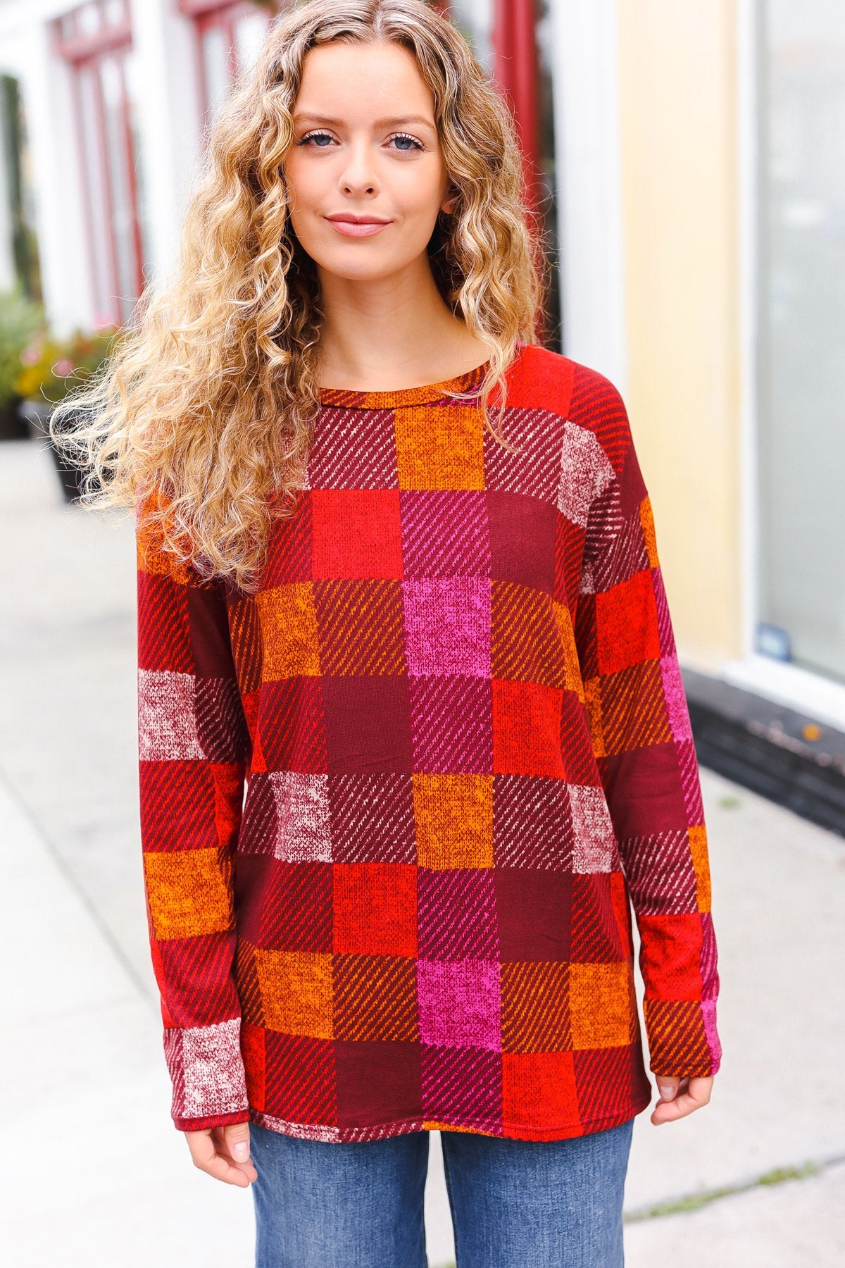 Haptics You Got This Burgundy Checker Plaid Print Hacci Knit Top Haptics