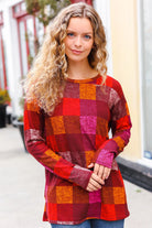 Haptics You Got This Burgundy Checker Plaid Print Hacci Knit Top Haptics