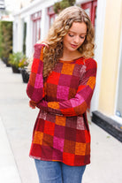 Haptics You Got This Burgundy Checker Plaid Print Hacci Knit Top Haptics