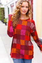 Haptics You Got This Burgundy Checker Plaid Print Hacci Knit Top Haptics