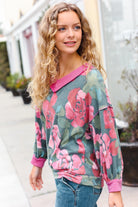 Haptics Beautiful You Vintage Teal Floral Print V Neck Hacci Knit Sweater