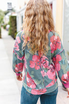 Haptics Beautiful You Vintage Teal Floral Print V Neck Hacci Knit Sweater