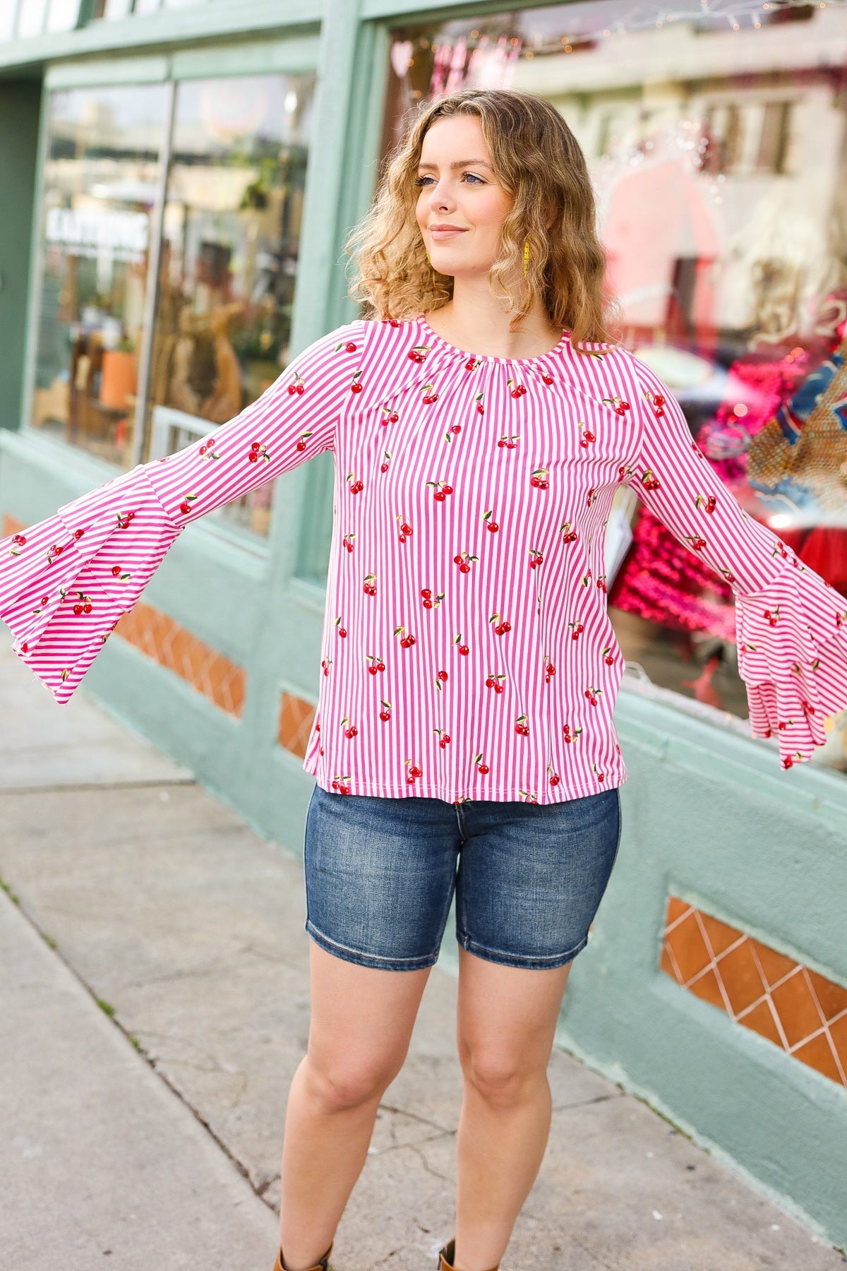 Red Lolly Make You Smile Pink Stripe & Cherries Bell Sleeve Top Red Lolly