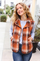 Haptics Rust Taupe Plaid Snap Button Quilted Puffer Vest