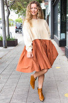 Haptics Cream & Rust Pleated Skirt French Terry Cotton Dress Haptics