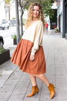 Haptics Cream & Rust Pleated Skirt French Terry Cotton Dress Haptics