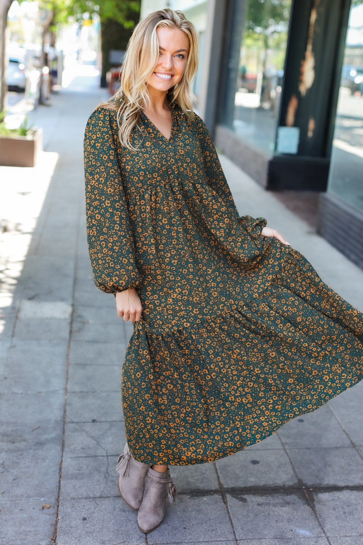 Haptics Hunter Green Floral Print Notched Neck Tiered Maxi Dress Haptics