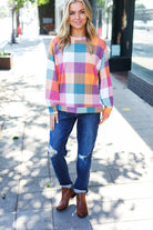 Haptics Charming Berry Plaid Checker Print Hacci Sweater Top Haptics