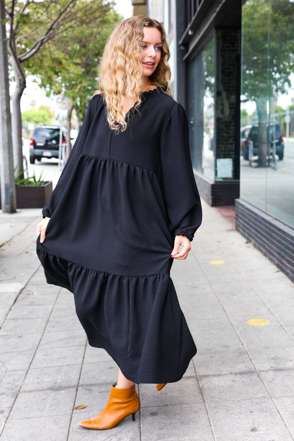 Haptics Lock Eyes Black Notched Neck Frill Hem Tiered Maxi Dress Haptics