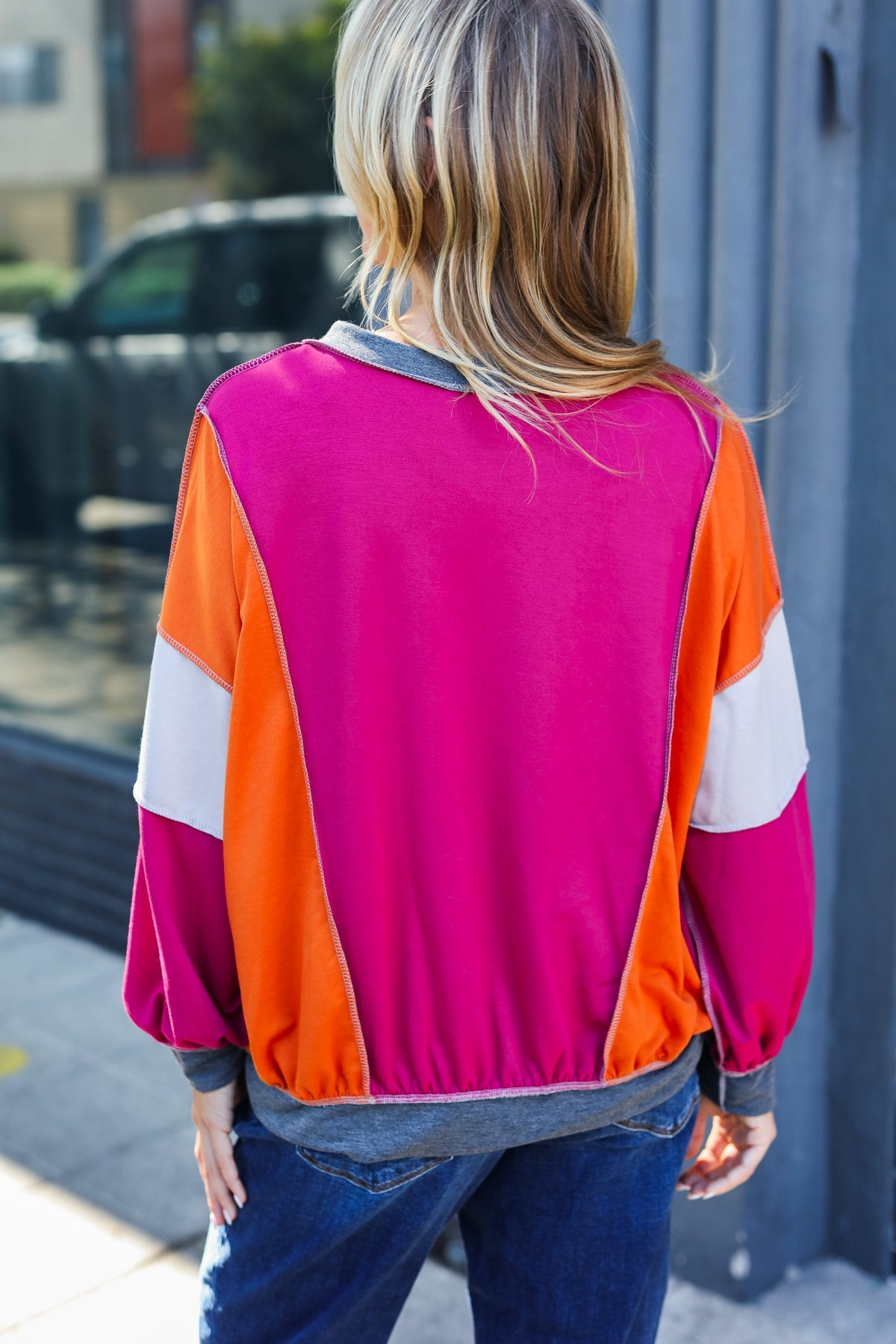 Haptics Brighten My Day Magenta Color Block Outseam Terry Top Haptics