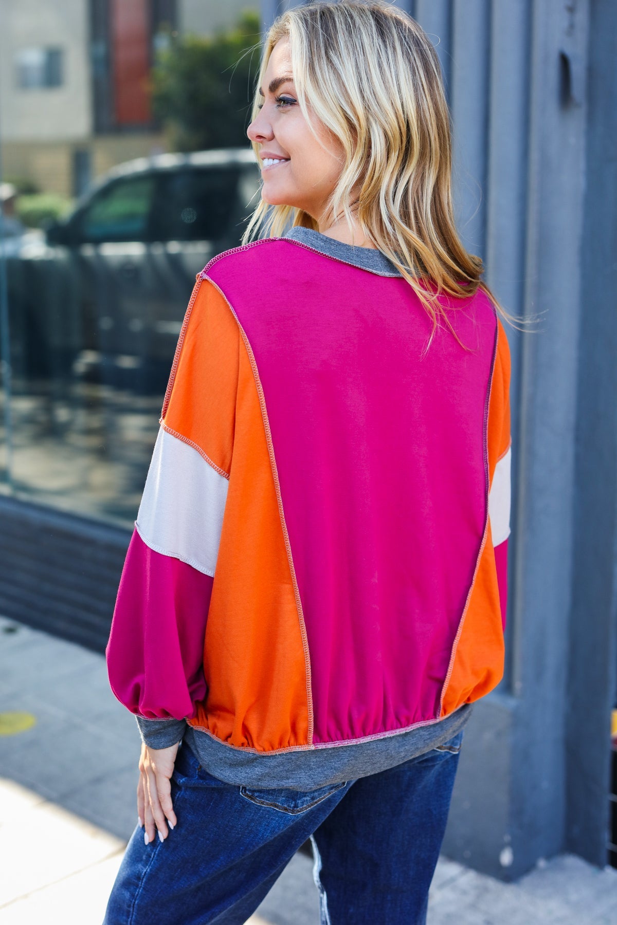 Haptics Brighten My Day Magenta Color Block Outseam Terry Top Haptics