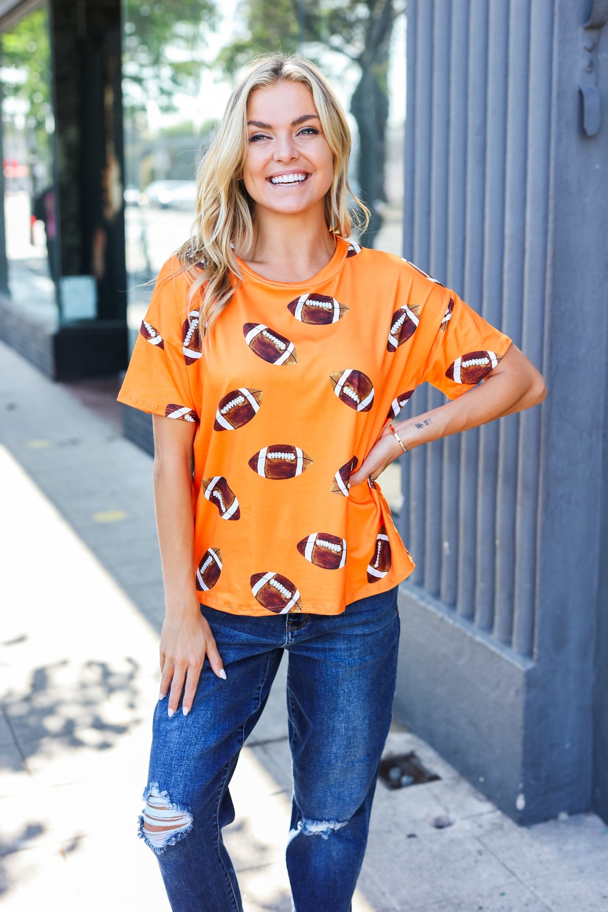 Haptics Game Day Orange Football Print Knit Top Haptics