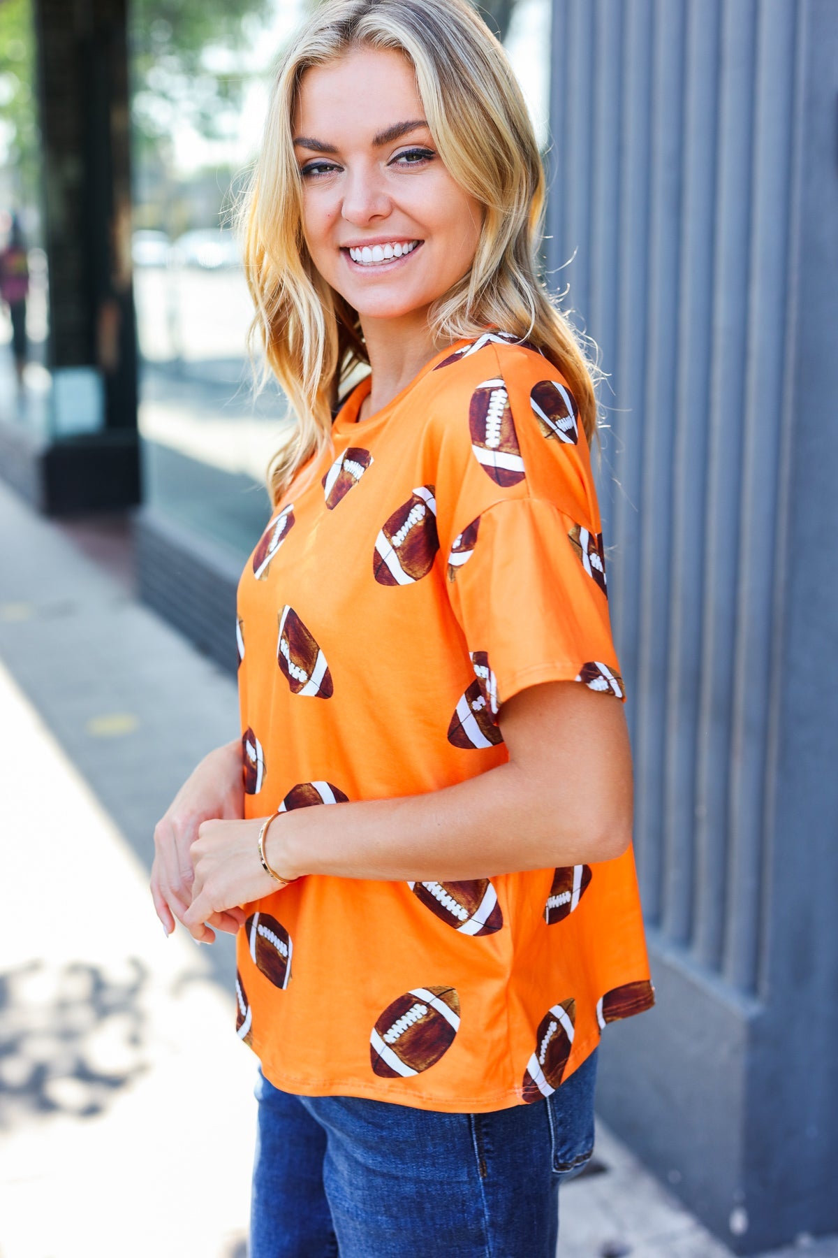 Haptics Game Day Orange Football Print Knit Top Haptics