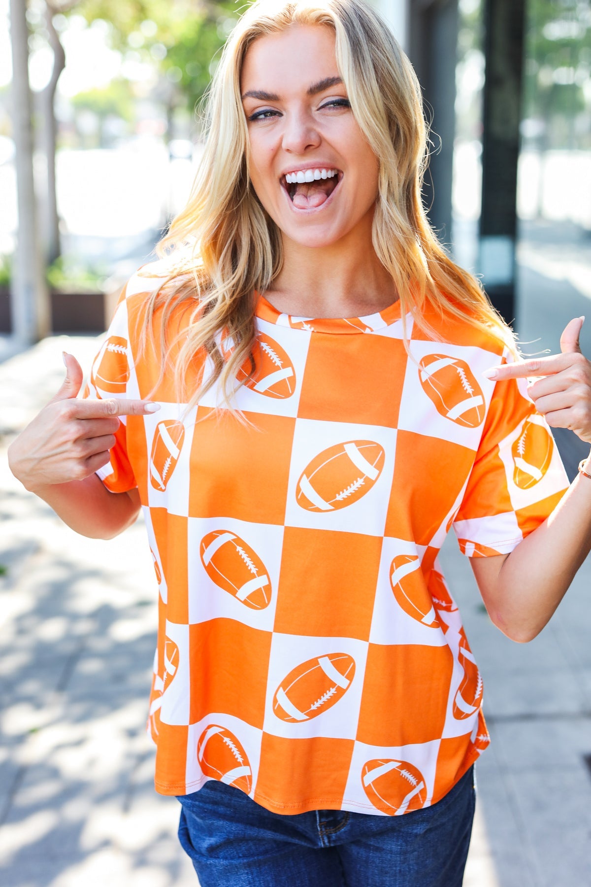 Haptics Turn Up The Volume Orange Football Checker Top Haptics