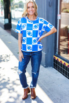 Haptics Turn Up The Volume Blue Football Checker Print Top Haptics