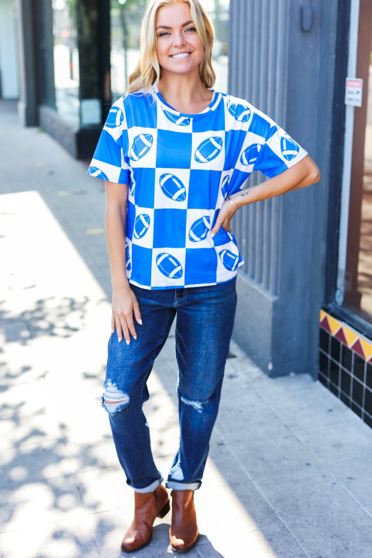 Haptics Turn Up The Volume Blue Football Checker Print Top Haptics