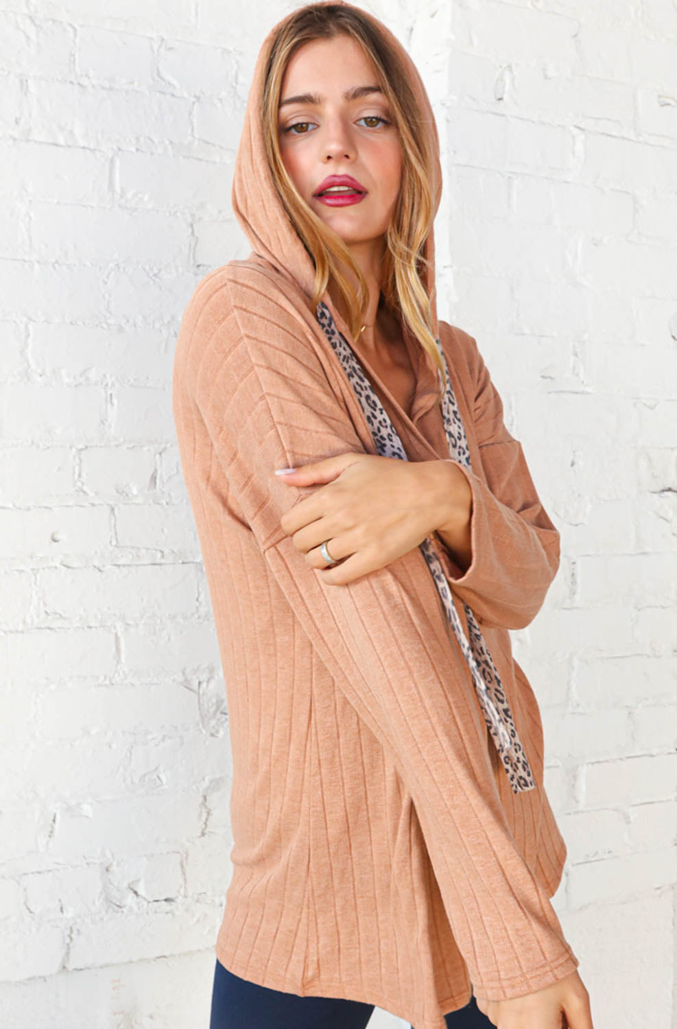 Final Sale Now and Forever Beige Rib Knit Leopard Print Drawstring Hoodie Now and Forever