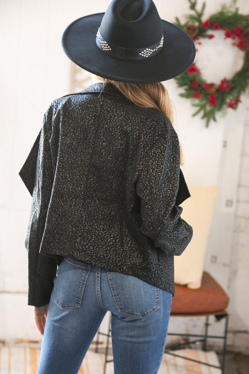 Haptics Black Holiday Matte Foiled Cheetah Print Blazer Jacket Final Sale