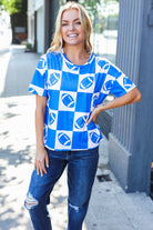 Haptics Turn Up The Volume Blue Football Checker Print Top Haptics