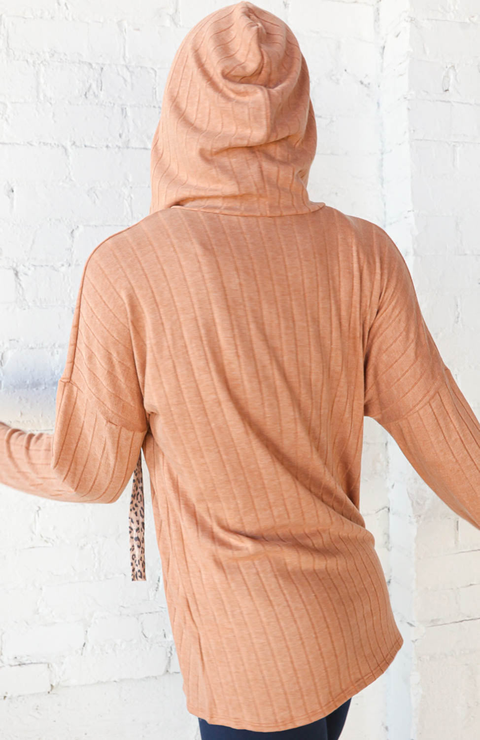 Final Sale Now and Forever Beige Rib Knit Leopard Print Drawstring Hoodie Now and Forever