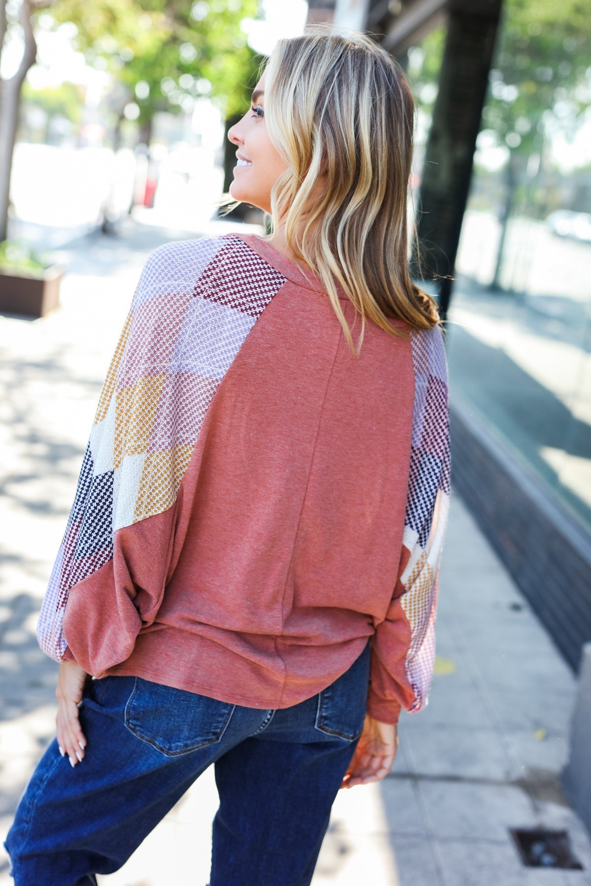 Haptics Weekend Ready Rust Argyle Pattern Dolman V Neck Top Haptics