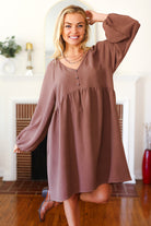 Haptics Beautiful You Mocha Woven Waffle V Neck Babydoll Dress Haptics