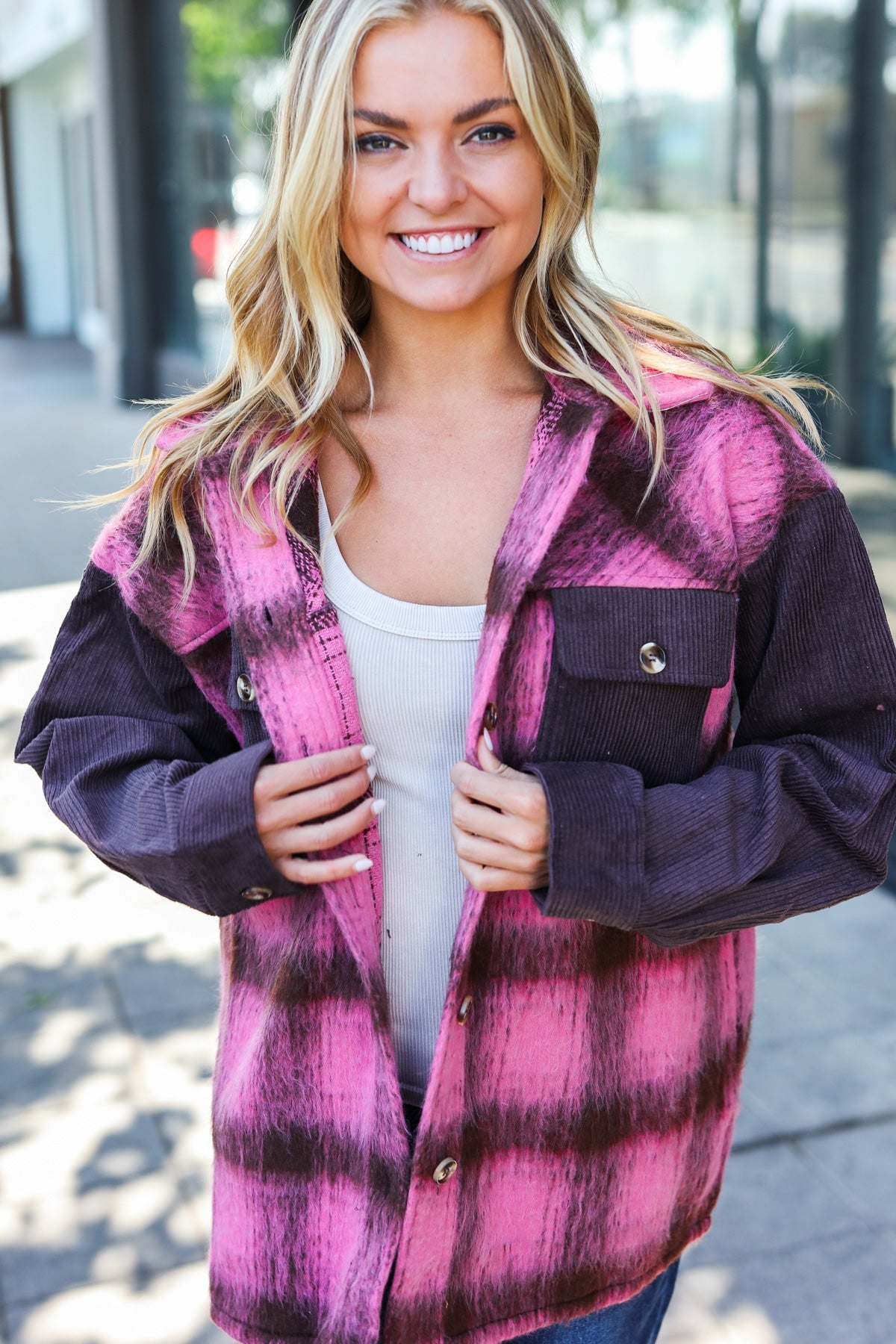 Entro Pink & Brown Plaid Corduroy Button Down Fuzzy Jacket Entro