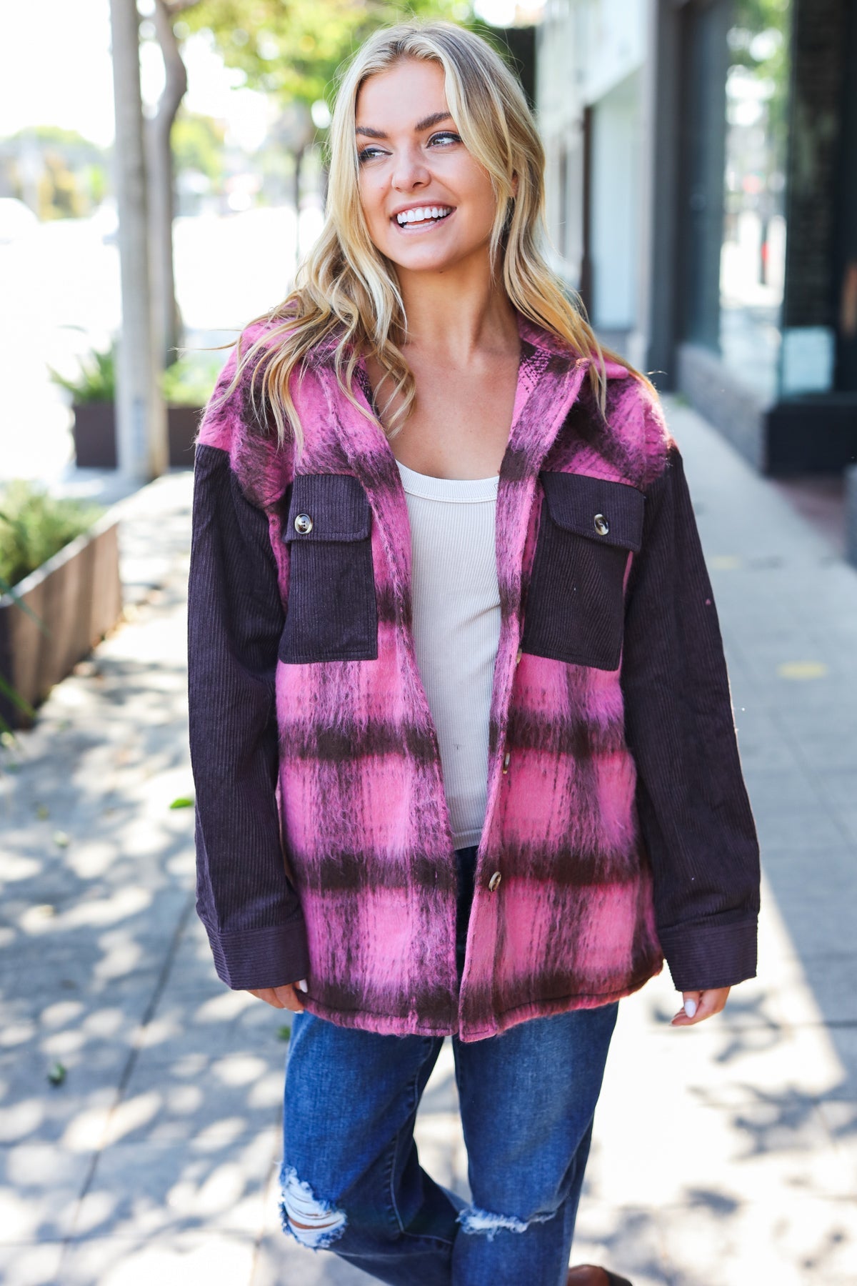 Entro Pink & Brown Plaid Corduroy Button Down Fuzzy Jacket Entro