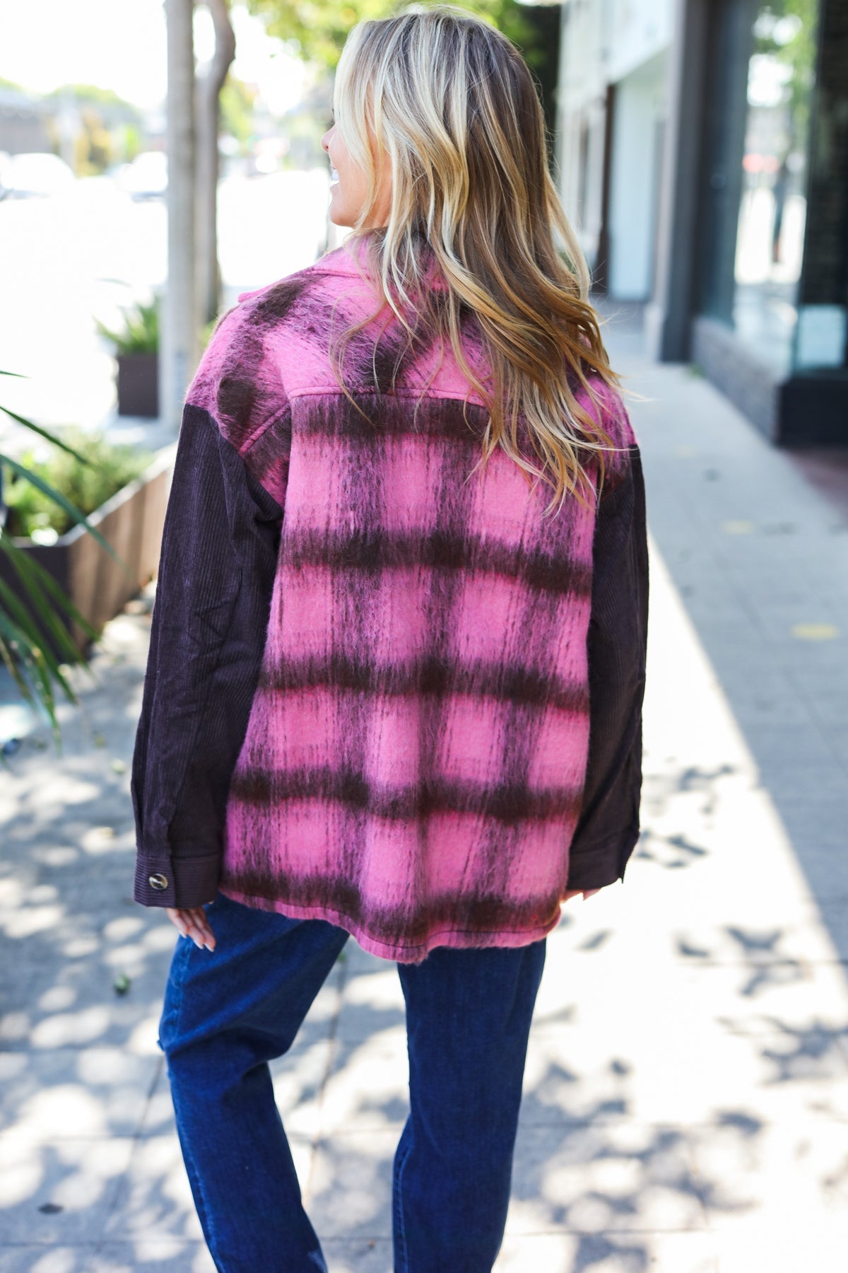 Entro Pink & Brown Plaid Corduroy Button Down Fuzzy Jacket Entro