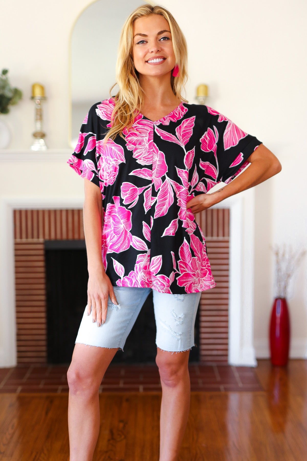 Haptics Tropical Vibes Black & Hot Pink Floral V Neck Top Haptics