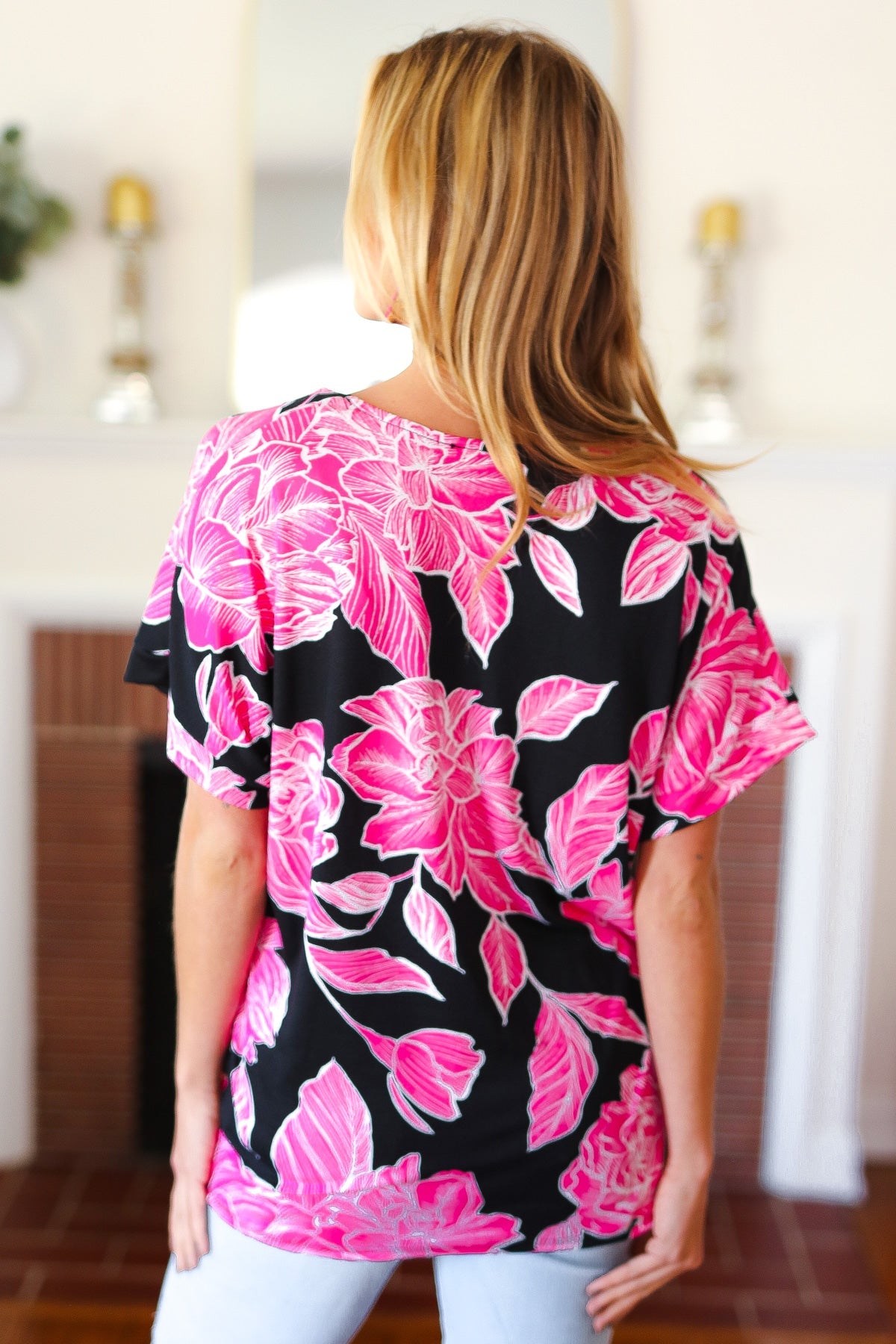 Haptics Tropical Vibes Black & Hot Pink Floral V Neck Top Haptics