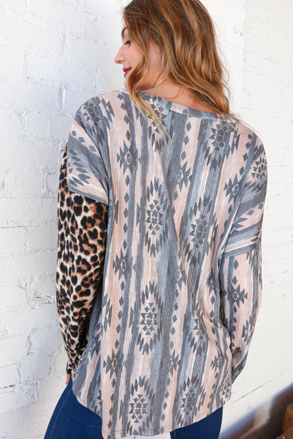 Final Sale Now and Forever Aztec Leopard Color Block Rib Placket Button Top Now and Forever
