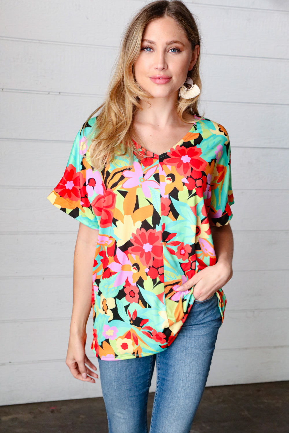 Haptics Multicolor Tropical Floral V Neck Drop Shoulder Top Final Sale Haptics