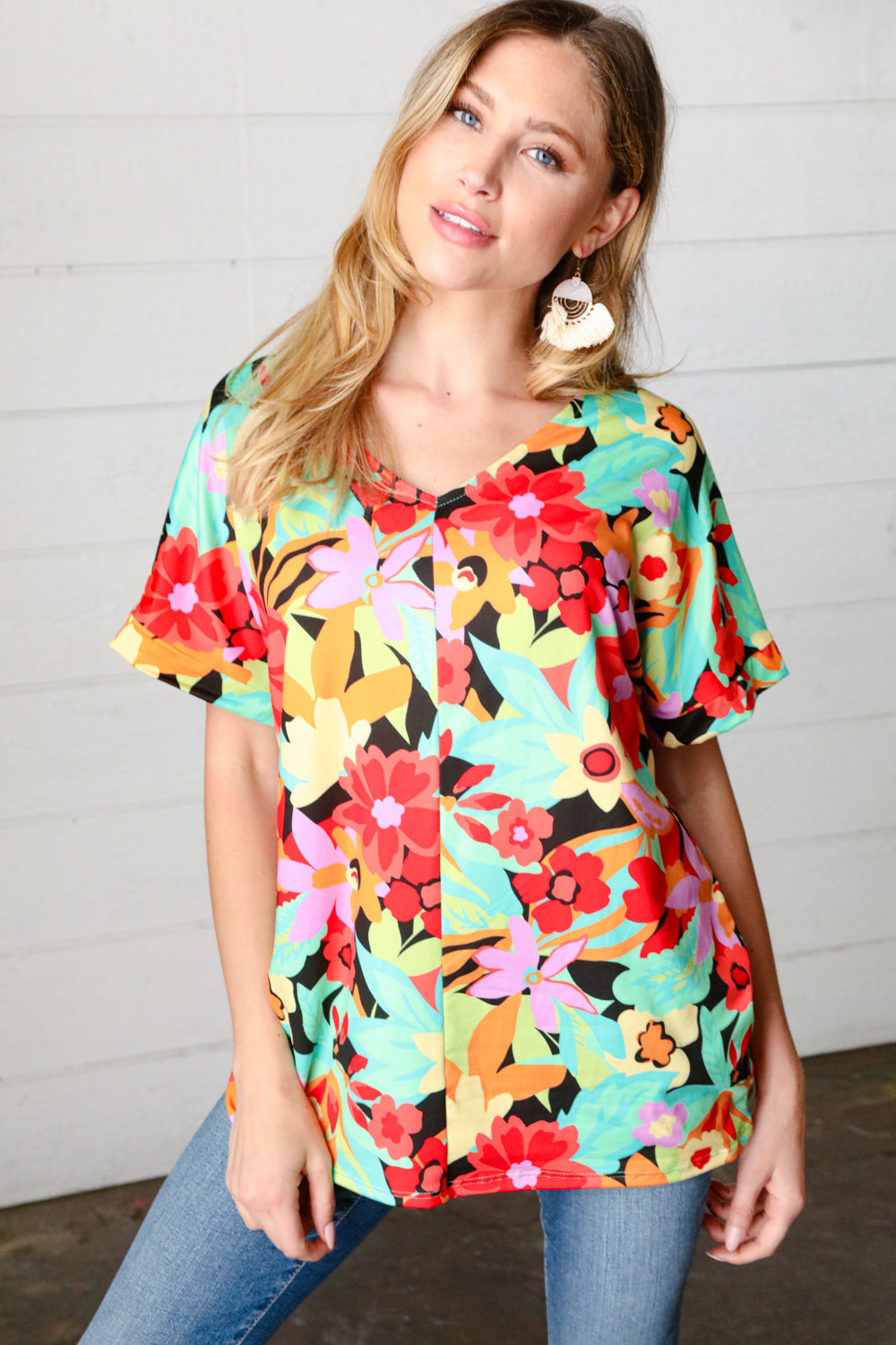 Haptics Multicolor Tropical Floral V Neck Drop Shoulder Top Final Sale Haptics