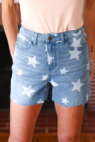 Haptics Raw Edge Light Wash Star Print High Rise Denim Shorts- Final Sale 2024 Blow-Out Sale