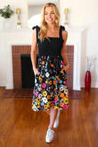 Haptics Give Your All Black Smocked Shoulder Tie Floral Print Dress Haptics