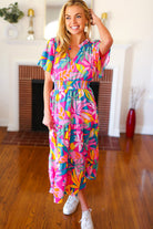 Haptics Tropical Trance Fuchsia Floral Smocked Waist Maxi Dress
